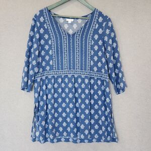 J.Jill Blue Tunic‎ Blouse Top M Woodblock Floral Print 3/4 Sleeve Boho Size